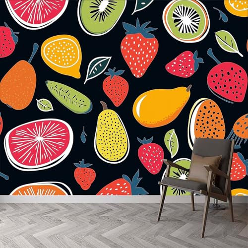 Fototapete Aquarell Obst Erdbeere Zitrone Tapeten Wandtapete, Frucht Erdbeere Moderne Tapete Wand Dekoration Wohnzimmer Schlafzimmer Büro Flur 350 x 256 cm (B x H) Wandtapete Poster-Tapete