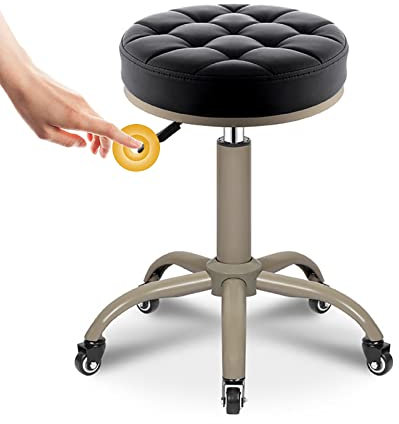 Höhenverstellbarer runder Rollhocker mit Drehrollen für Küche, Bar, Salon, Spa, Klinik, Leder, gepolsterter Esszimmerstuhl, Tisch, Schreibtisch, Bürostuhl (schwarz)