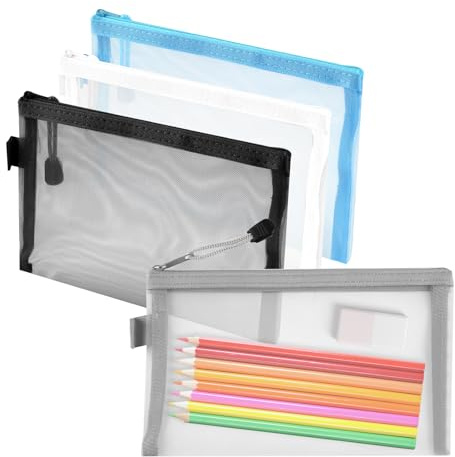 Tikplus 4 Stück Tasche Federmäppchen, Klein Federtasche Mesh, Transparent Mäppchen Beutel Nylon-Netzstoff, Pencil Aufbewahrungsbeutel, Stifttasche Durchscheinend für Bürobedarf Schreibwaren, 20x12cm