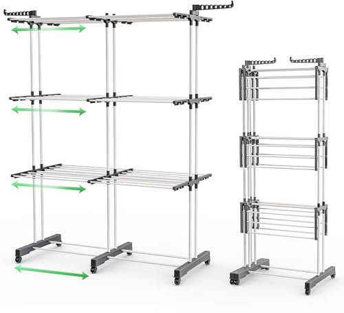 VOUNOT® 2 in 1 Stendino Verticale Salvaspazio Allungabile, 3 Livelli Stendibiancheria a Torre Pieghevole con Ruote, 12 Ali e 2 Bracci Estensibili per Interno ed Esterno, Bianco