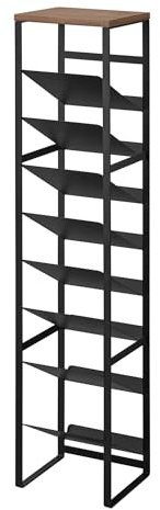 YAMAZAKI Tower 8-stöckiges Flaschenregal mit Holzablage aus Stahl - für Flasche (500ml)/Weinflasche, schmal -19,3 x 20 x 88,5 cm, Japanisches Design, schwarz