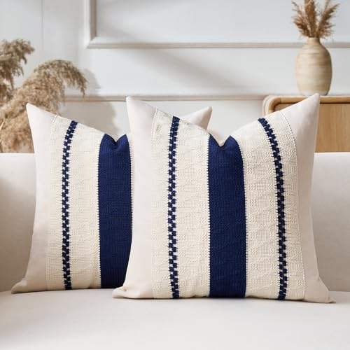 Aisybaklyn Set med 2 örngott i makramé 40 x 40 cm bomull och linne blå flätad dekorativ kudde modern elegant dekoration kuddfodral för soffa sovrum trädgård stolar