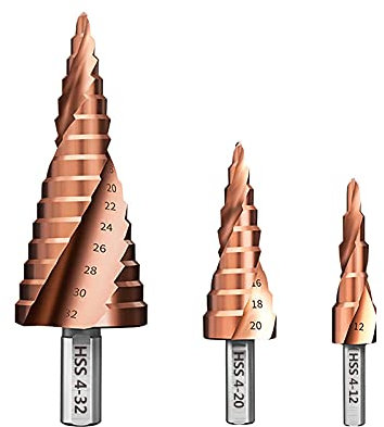 BTYQKZVPM Step Drill bit Broca escalonada for Cortar Agujeros en Madera y Metal Broca cónica escalonada revestida de TiCN Broca con núcleo de Metal y Acero HSS(3pcs Set with Bag)