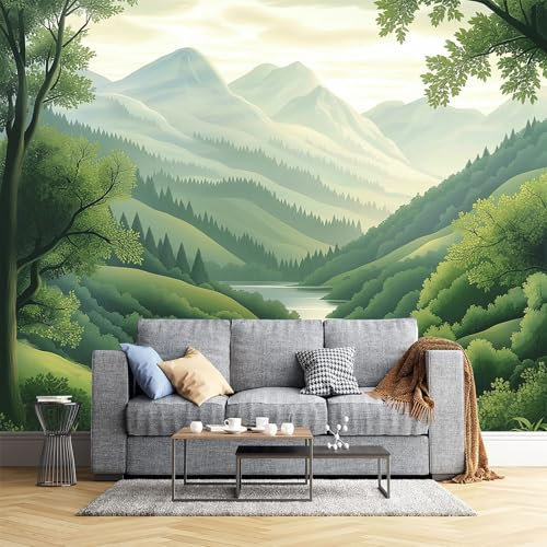 Grüne Berge Fototapete - Cartoon-Landschaft - Größe 400X280Cm (Breite X Höhe) Wandtapete Tapete, Wandbild Wandtattoo Dekoration - Tapete, Kinderzimmer, Kindertapete