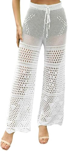 FEOYA Bikini för kvinnor, byxor, transparent, mesh, strandbyxor, virkade, stickade långa byxor, hög midja, elastisk strandbotten, Vit, M