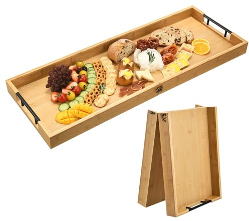 GLOKUUCA Large Charcuterie Board with Handles, 32 x 12 Inch Foldable Bamboo Serving Cheese Boards - Serving Platter for Meat, Party Appetizers, Outdoor & Fruit