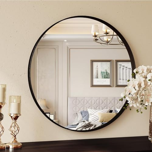 Clevich Specchio da Parete Rotondo Ø60 cm, Lussuoso Specchio Rotondo, con cornice in alluminio spazzolato nero, Specchiera da Bagno, per Trucco, Per bagno, soggiorno, camera da letto