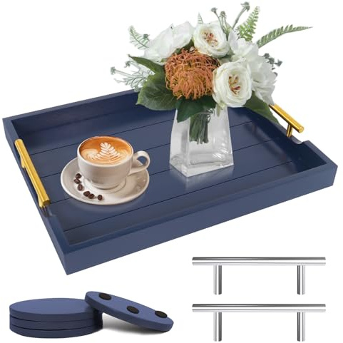 SXNOWS Wooden Serving Tray with 2 Set of Handles,Navy Blue | Rectangle 16.5x13 Inch Ottoman Decorative Tray for Coffee Table Kitchen Bar Living Room Breakfast in Bed, 4 Coasters Included