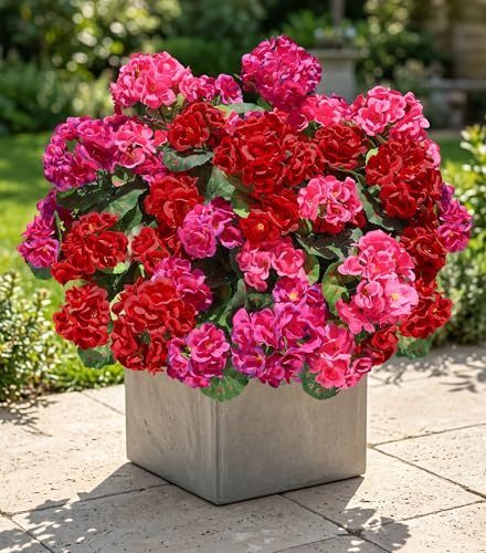 Artificial Geranium Fake Flowers for Outdoors Decoration, 6 Bundles Silk Geraniums Flower UV Resistant Look Real Faux Plants for Front Door Garden Porch Planter Patio Balcony Yard Indoor Home, Mix