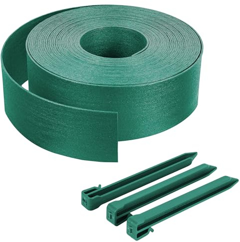 VOUNOT® Borde Jardín Césped Borde, Bordillo Escondido Flexible de PE Aspecto Natural, Longitud 20 m Altura 8 cm Espesor 3 mm con 12 Estacas de Anclaje, Verde