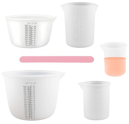 ANDARS 5 Piezas Copas de Medición de Silicona, 1000 ml/600 ml/100 ml/350 ml/250 ml Vaso Batidora, Con Escala Graduada y Varilla Agitadora, Vaso Medidor Cocina para Bricolaje y Moldes de Fundición
