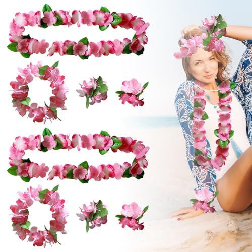 8 Stück Hawaii Kette Blumen,Hawaii Outfit Damen Blumenketten Accessoires,Aloha Kette Blumen Deko für Hawaii Kostüm Damen,Beach Party Outfit mit Halskette Stirnband Armband für Poolparty Jga Party