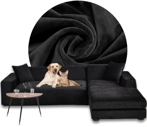 Domidekor Sofa Überzug L-Form – Elastischer Samt Couchbezug, Weich und Wasserdicht – Couch Überzug für 2/3 Sitzer, Universal Sofaüberwürfe mit Anti-Rutsch-Schaumstoffe, Schwarz, Rechts