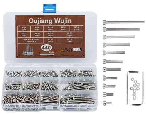 Oujiang Wujin 440 Stück M3 Innensechskantschrauben Sechskantkopf-Schraubensatz Innensechskant-Zylinderschrauben Vollgewinde Edelstahl mit Mutter Geeignet für Maschinen, Möbel, Elektronik