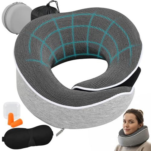 5 en 1 Coussin Cervicales, Memoire Forme, Oreiller de Voyage Réglable avec Masque Oculaire 3D, Bouchons d'Oreille, Poches, Boîtes, Ergonomique Tour Cou Repose Tete Avion, Travel Pillow Voiture Bureau