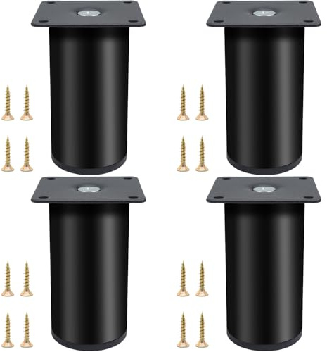 LHNNDM 4 Pcs 10cm Black Metal Furniture legs, round metal Cabinet legs, Stainless Steel sofa feet with mounting screws for Bed, Nightstand, cabinet, office workbench (Black, 10cm)