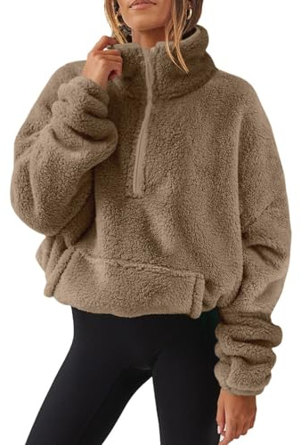 AMhomely Half Zip Fleece Women Crop Long Sleeve Stand Collar Teddy Fleece Tunic Tops Blouse Zip Up Double Jumpers Loose Fit Casual Fluffy Pullover Tops Sweatshirts Fall Winter Warm Coats Coffee L