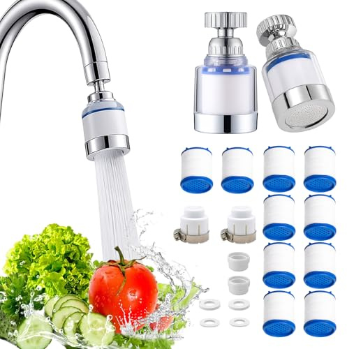Lotnery 2Pcs Water Tap Filters +10 Filter Cartridges, 360° Swivel Faucet Filter to Remove Fluorinated Chlorine Heavy Metal Hard Water in Home Kitchen and Bathroom