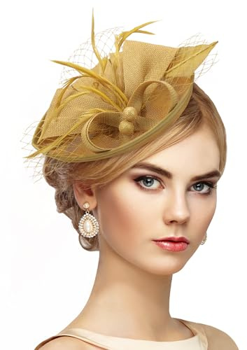 Fascinator Damen Kopfschmuck Karneval Haarreif Fasching Kleiner Tea Party Hut 1920er 50er Gold Elegante Vintage Federhut Mini Victoria Fascinator für Frauen Mädchen Renaissance Maskenball Kostüm