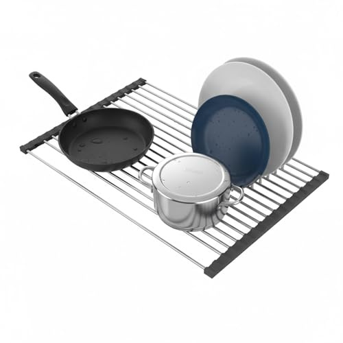 Avilia - Scolapiatti da Lavello Arrotolabile in Acciaio Inox 43x35 cm Resistente al Calore, Facile da Pulire, Ideale come Griglia Scolapiatti e Piano d’Appoggio Salvaspazio