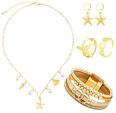 MWOOT Bijoux d'été en Coquillages Étoiles de Mer, Collier avec Pendentif en Perles Coquillage, Boucles d'Oreilles Étoile de Mer, Vintage Bague Doré, Boho Bracelet en Cuir, Bijoux de Plage pour Femme