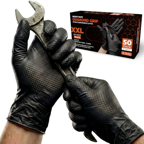 PRAIMA Mechanic Gloves, Diamond Grip Black Nitrile Disposable Gloves | Powder-Free, Latex-Free, Extra Thick & Strong Rubber Gloves for Work, Automotive, Industrial, and Cleaning Use (XXL, 50, count)