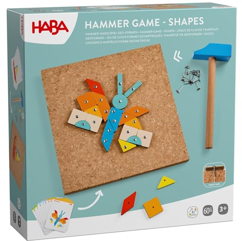HABA Hammer-Nagelspiel: Geo-Formen – Holzspielzeug mit Hammer und Nägel für Kinder ab 3 Jahren – Kreativspielzeug mit Korkplatte & Vorlagen – 2013791001