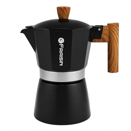 FRAISIN Spishäll espresso Moka Pot Kaffebryggare, Halkfri Träkornshandtag, Gjutet aluminium, Kompatibel med gas och elektriska spisar (svart, 6 koppar)