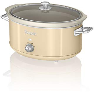 Swan Retro SF17031CN Olla Cocción Lenta 6,5L Recipiente Extraíble, Antiadherente Cerámica libre PFOA y PTFE, 3 Niveles Temperatura, Tapa Vidrio, Slow Cooker, Diseño Vintage, Crema, 320W