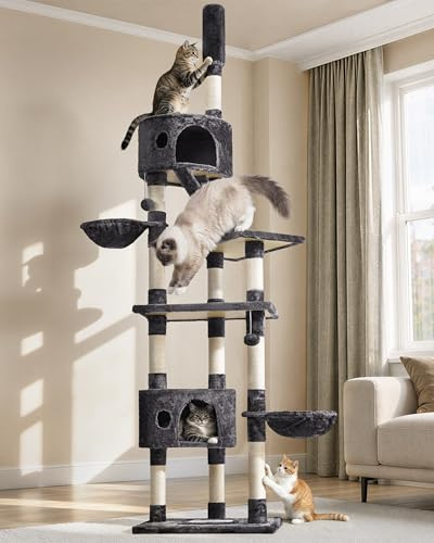 Yaheetech 228-255 cm Floor-to-Ceiling Cat Tree with 2 Condos, Dark Grey | Cat Tower for Indoor Cats, Cat Scratching Post, Height Adjustable, 12 Sisal Scratching Posts, 2 Condos, 2 Baskets, Ladder