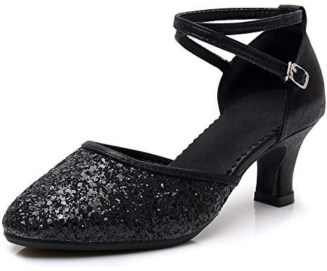 SWDZM Womens Glitter Ballroom Dance Shoes Latin Salsa Tango Dancing Heels Closed Toe Party Performance Wedding Shoes,Black,US 8.5