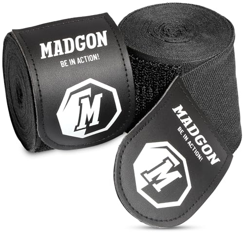 MADGON Bandes Boxe Auto-Agrippantes avec Passe-Pouce de Qualité Supérieure - 3 m / 3,8 m / 4,5 m - Bandages Boxe pour MMA, Boxe, Kick-Boxing, Entraînements - Absorption Optimale de la Sueur