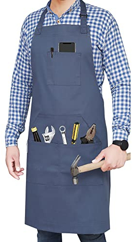 RUVANTI Professionelle Arbeitsschürze, langlebig, blau, für Männer und Frauen. Kochschürze, Küche, Grill, Barbier, Segeltuchschürze, bequem, mit Baumwolle angereichert. Extra lange Bänder,