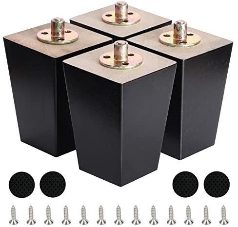 CtopoGo 5 Inch Wood Furniture Legs, Wooden Couch Sofa Leg Feet Set of 4, Mid-Century Modern Black Square Replacement Legs for Sectional Nightstand Armchair Recliner Table Dresser Sideboard