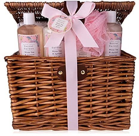 Accentra Geschenkset SECRET GARDEN im Picknickkorb aus Weide, inkl. Duschgel, Schaumbad, Badesalz, Seife & Netzschwamm, Wellness Pflegeset für Frauen zu Geburtstag oder Valentinstag