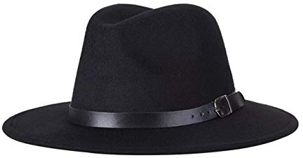 Klassischer Fedora-Hut mit breiter Krempe mit Gürtelschnalle Panamahut aus Filz für Damen Herren (Schwarz)
