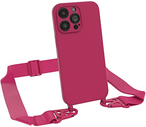 EAZY CASE Premium Silikon 2 in 1 Handykette kompatibel mit iPhone 13 Pro Handyhülle mit Umhängeband, Handykordel mit Silikonhülle, Hülle mit Band, Kette für Smartphone, Beere