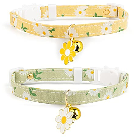 2 Pack Cotton Breakaway Cat Collar with Bell Yellow&Green Flowers Pendant Cute Kitten Cat Collar Suitable for Girls and Boys