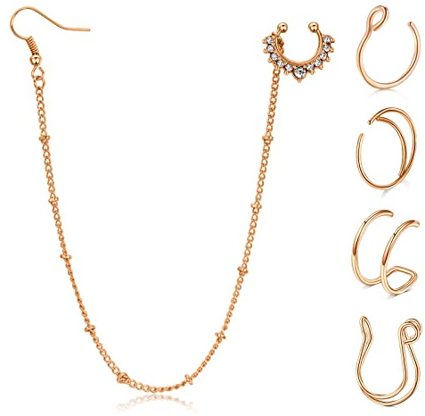 Briana Williams Fake Nasenring Gefälschte Septum mit Kette Ohrring Indische Halloween Non-Pierced Nase zu Ohr Kette Körperschmuck