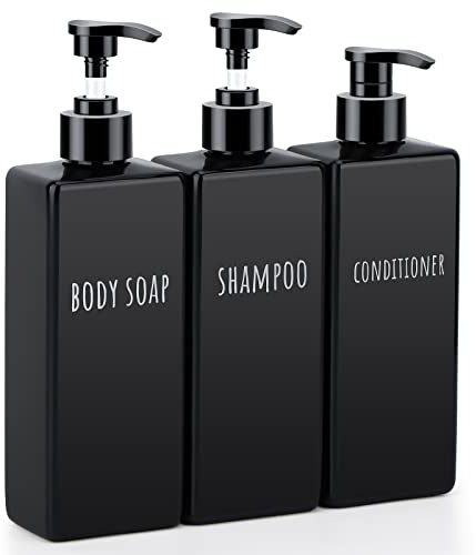 Segbeauty Lotion Dispenser Quadratisch, 3 Stück 500ml Schwarz Seifenspender Set mit Etiketten für Shampoo Conditioner Body Soap, Nachfüllbar Kunststoff Pumpflaschen für Bad, Familienpaket
