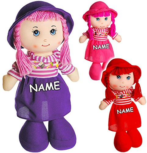 alles-meine.de GmbH große Schmusepuppe - AUSZIEHBAR - Mädchen mit Kleid - gestreift - inkl. Name - 35-37 cm - Stoffpuppe aus Plüsch - Lange Haare Puppe - für Kinder - Baby ..