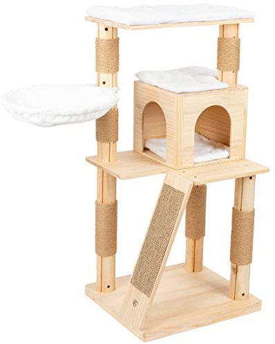 VOSS.PET Kratzbaum Cassy 115cm - Premium Kiefer Massivholz Katzenkratzbaum mit Plattformen, Höhle, Hängematte und Rampe