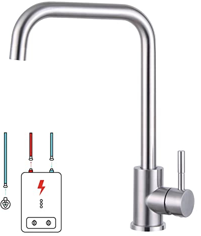 HOTTIST Rubinetto da cucina a bassa pressione girevole a 360°, monocomando, a bassa pressione con attacco G3/8, rubinetto da cucina a bassa pressione con 3 attacchi in acciaio inox spazzolato