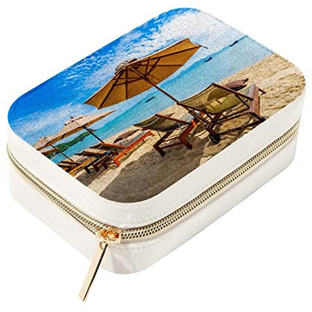 Mini-Schmuckkästchen, doppellagig, tragbar, für Reisen, Schmuck, Aufbewahrungsboxen, schöner tropischer Strand, Kokosnuss, Palme, Regenschirm, Stuhl