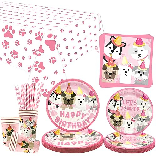 Obussgar Suministros para Fiestas de cumpleaños de Perros Decoraciones de cumpleaños de Cachorros Rosas con patrón de Pata de Cachorro Mantel, Platos, Vasos, servilletas de Paja, Sirve 20