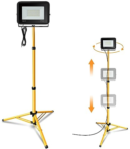 Jiubiaz LED Baustrahler mit Stativ, 30W 2550LM LED Strahler 6000K Kaltweiß Baustellenleuchte mit 1m Kabel, HöHenverstellbar 360 Grad Drehbar, IP66 Wasserdicht fü Innen-Außen(kein Stecker)