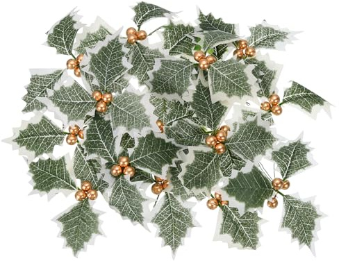 PATIKIL Bacche di agrifoglio artificiali con foglie verdi, confezione da 10 fiori di agrifoglio dorato per decorazioni natalizie, artigianato, matrimoni e casa
