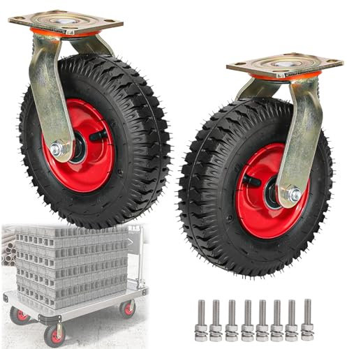 WORDFUN Luftreifen Gummi Rollen, Strapazierfähige Lenkrollen, Schubkarrenreifen, 2er-Packung, Tragkraft 400 Kg, Mit Armaturen, for Trolleys, Möbelroller Transportroller, Werkbank Rollen