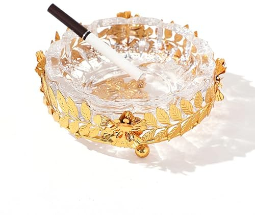 BBRGIRL Kristallglas-Aschenbecher, Glasaschenbecher für Zigaretten, Zigarren-Aschenbecher, Tischaschenbecher, goldfarbener Ständer + Glasaschenbecher, stilvolle Schreibtisch-Dekoration, Aschenbecher