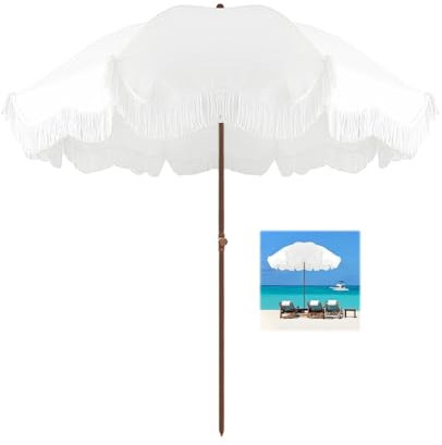 ELZEM Gartenschirm 180cm Neigbar Strandschirm Mit Quasten Sonnenschirm UV Schutz Balkonschirm Mit 8 Rippen Terrassenschirm Wasserdicht Marktschirm Für Balkon Garten Terrasse Strand